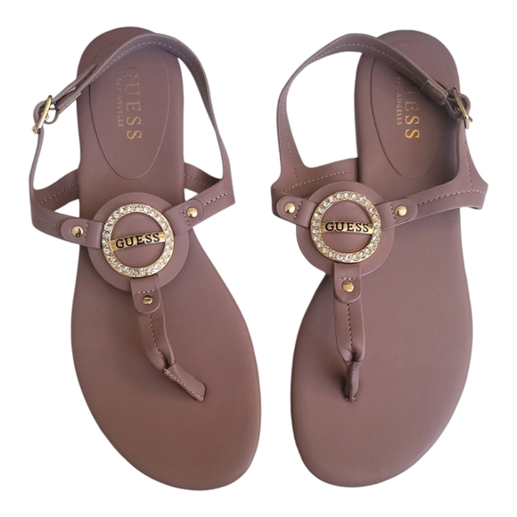 Guess Los Angeles Medna Rhinestone T-Strap Rose Gold Open Toe Sandal, Size 7M - Picture 13 of 15